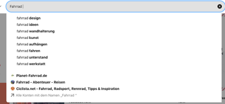 Screenshot des Auto-Suggest für die Suchbegriff-Eingabe bei Pinterest