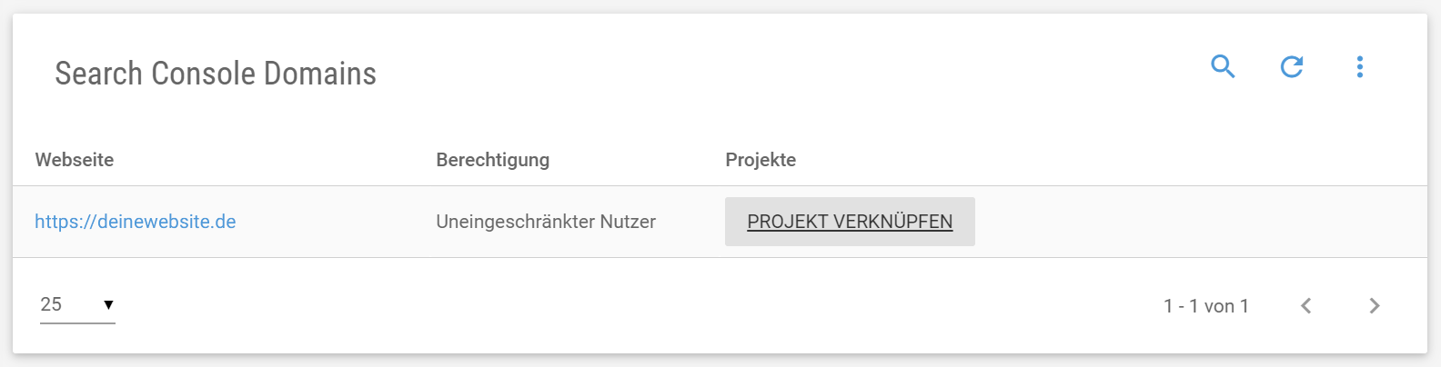 Screenshot XOVI Suite: "Projekt verknüpfen" Button für die Verknüpfung mit der Google Search Console