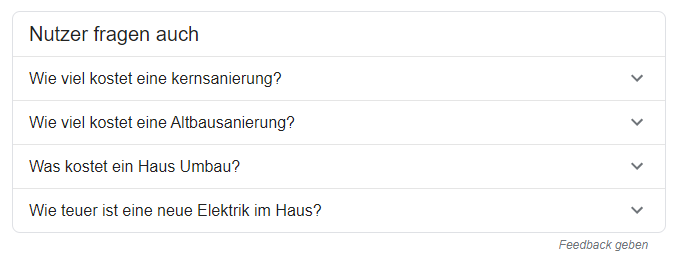"Nutzer fragen auch"-Element der Suchergebnisse zum Keyword Haussanierung