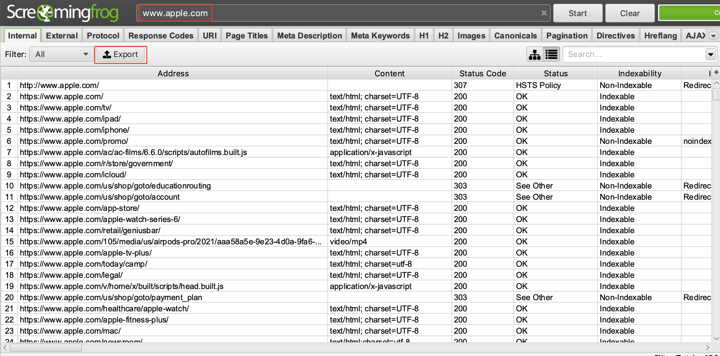 Screenshot eines Content Audits mit ScreamingFrog