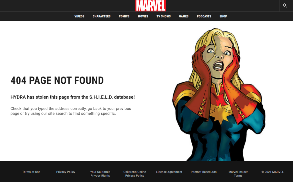 Screenshot der "404 Page Not Found" Fehlermeldung von marvel.com