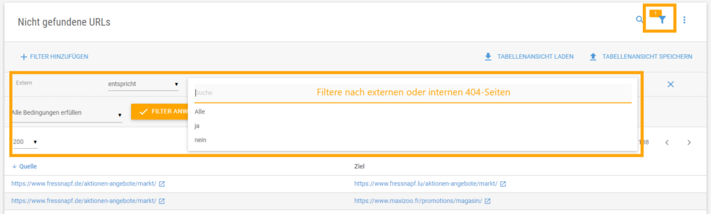 Screenshot der Filtereinstellungen für "Nicht gefundene URLs"