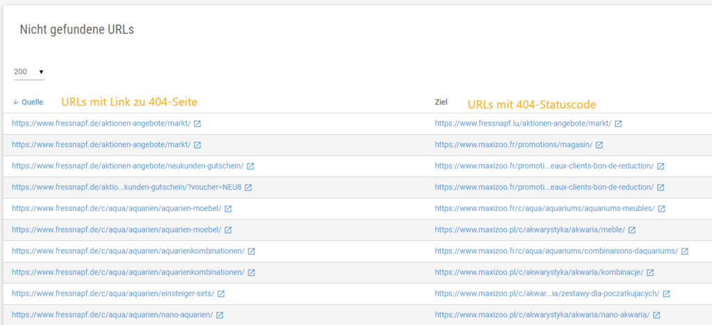 Screenshot der nicht gefundenen URLs inklusive verlinkende Seiten