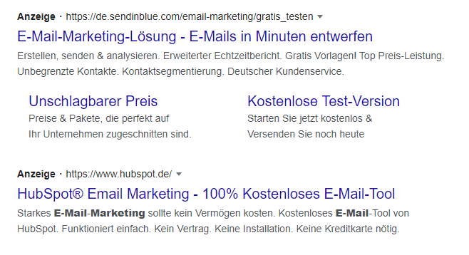 Screenshot von Google Ads-Anzeigen zum Keyword Email-Marketing