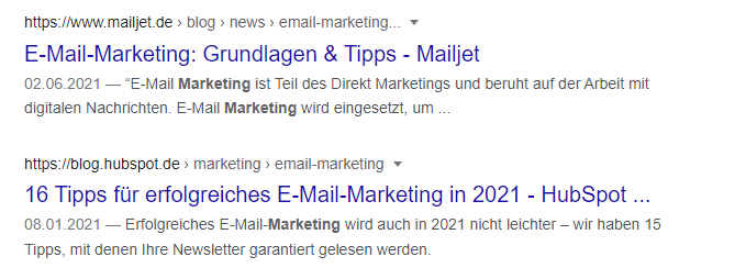 Screenshot von organischen Suchergebnissen zum Keyword Email-Marketing