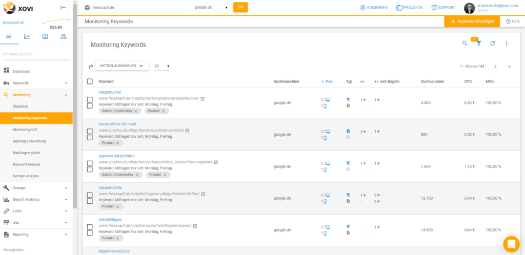 Screenshot des XOVI keyword-Monitorings mit überwachten Keyword-Rankings