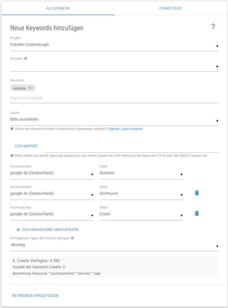 Screenshot des Dialogfelds zum Hinzufügen von Keywords im XOVI Keyword-Monitoring für lokale Suchergebnisse