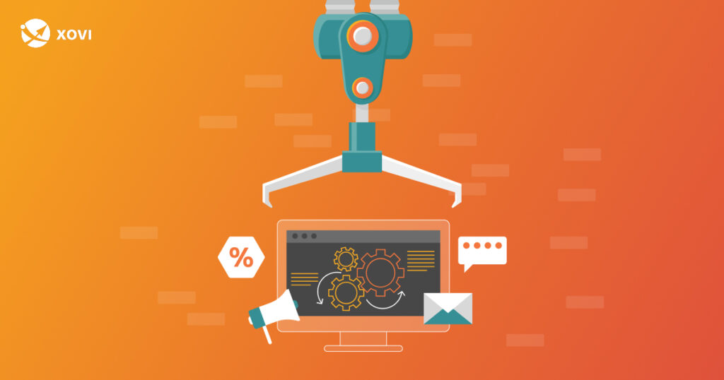 Illustration automatisierter Marketing-Workflows mit einem Roboterarm und einem Computer-Dashboard.