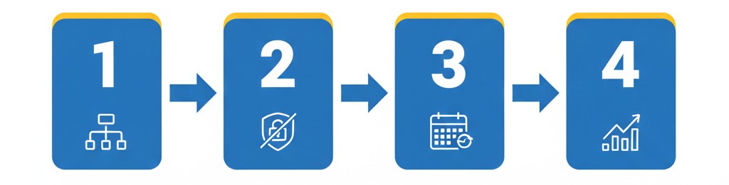 Vier-Schritte-Diagramm, das die Phasen von Struktur über Sicherheit und Planung bis hin zu Wachstum zeigt.
