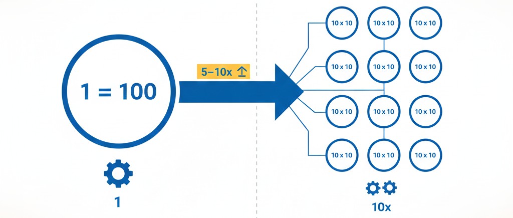 Grafik zur 10x-Skalierung, wie aus einem Schritt viele effiziente Prozesse entstehen.
