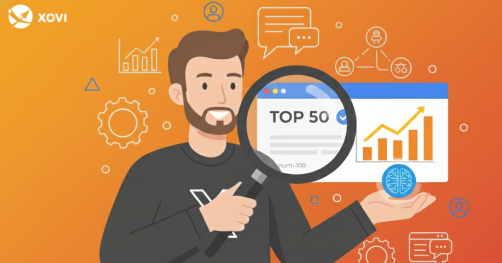 Bild von XOVI, wie es die Top-50-Rankings, SEO-Kennzahlen und die AI-Signal-Sichtbarkeit checkt.